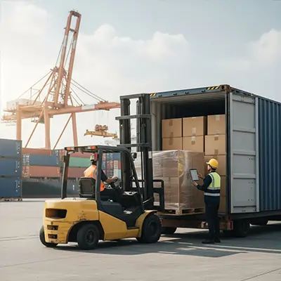 Container loading and export logistics by Evan Trade; coordinated international shipping, customs documentation, and secure global delivery.