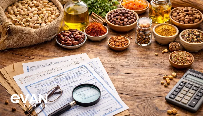 Food import compliance scene with lab certificates, customs paperwork, and Iranian food products like pistachios, saffron, dates, honey, and spices on a wooden table.