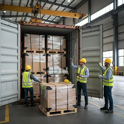 Container stuffing and cargo securing by Evan Trade, with controlled handling, documentation alignment, and shipment integrity from warehouse to port.