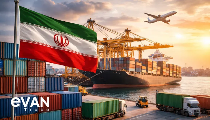 Container port in Iran at sunset with cargo ship, cranes, stacked containers and an aircraft overhead—illustrating international shipping and Incoterms for imports.