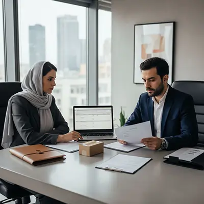مراجعة عقد توريد في أوان تجارة لمنتجات غذائية إيرانية للتصدير إلى الخليج، مع تحديد شروط القبول والدفعات والوثائق قبل الشحن.