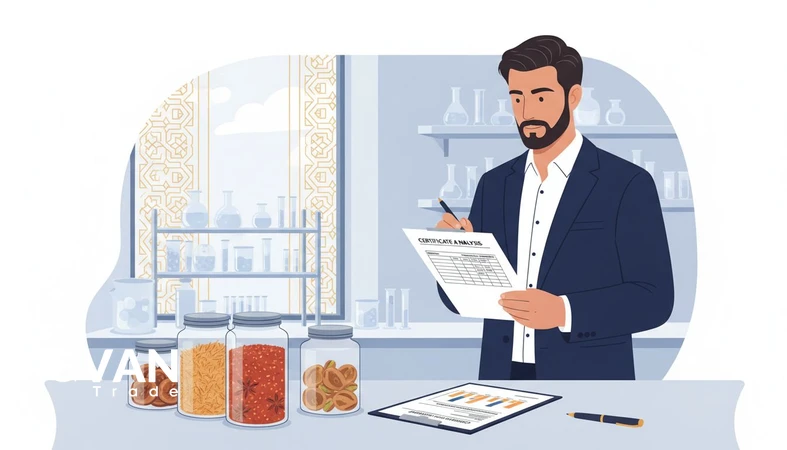 Certificate of Analysis (COA) review for Iranian food exports showing lab results, batch traceability, and compliance checks before contract signing
