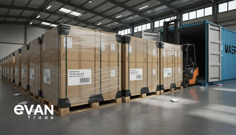 Container-ready palletizing and carton packaging for Iran exports, showing stabilized pallets, labels, and shipping container loading setup