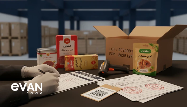 Export labeling checklist for Iranian products showing barcode, lot code, expiry date, carton and pallet labels for market-ready compliance