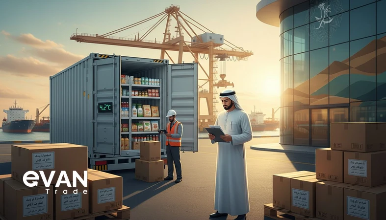 مفتش جمركي في ميناء خليجي يراجع شحنة أغذية داخل حاوية مبردة مع كراتين ووثائق التخليص.