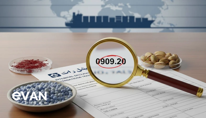 HS code classification for Iranian products shown with customs documents and sample goods to prevent costly import mistakes