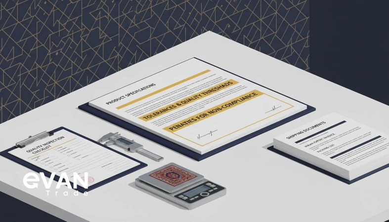 B2B contract essentials for Iran sourcing showing specifications, tolerances, inspection checklist, penalties, and export documents