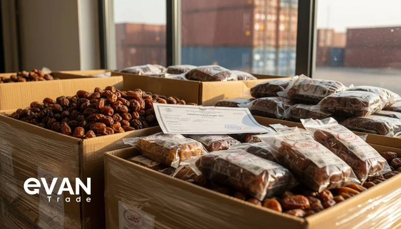 Iranian export dates for importers showing key varieties and export packaging with trade documents in a logistics setting