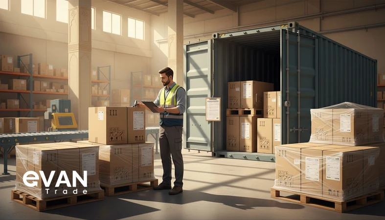 Pre-shipment inspection for Iran exports showing cartons on pallets, label checks, measurements, and container seal verification