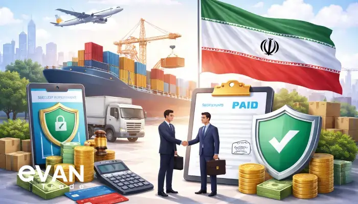 Two business executives shaking hands at a container yard, symbolizing safer payment terms and reduced risk in Iran B2B trade.