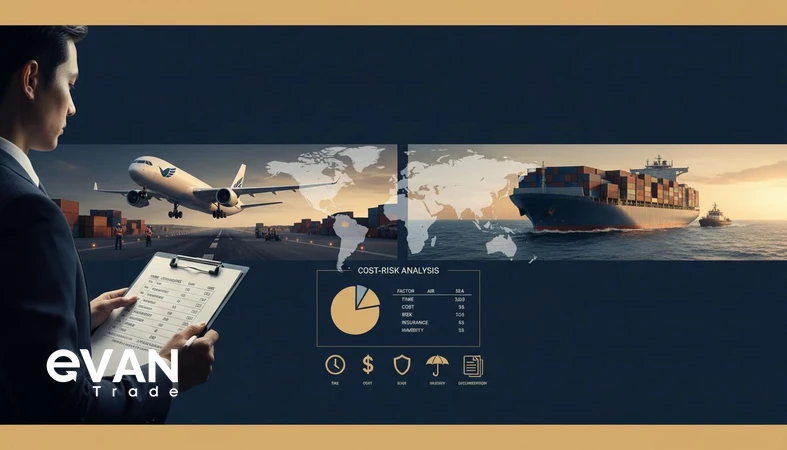 Sea vs air freight from Iran comparison showing plane and container ship with a cost-speed-risk decision checklist