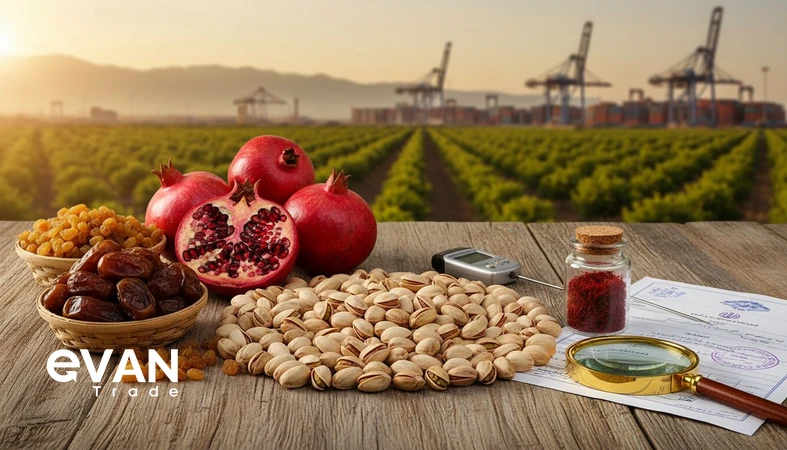 دليل اختيار المنتجات الزراعية الإيرانية للاستيراد مع إبراز معايير الجودة والتعبئة والامتثال التنظيمي مثل الفستق والزعفران والتمور والزبيب
