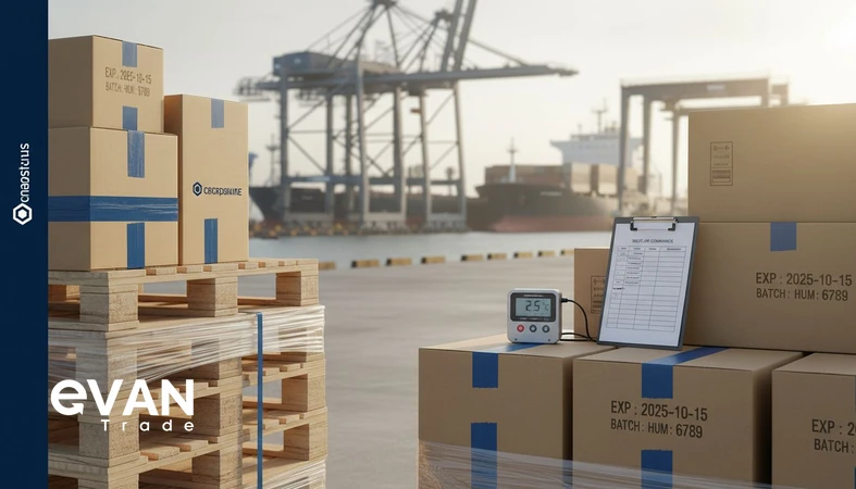 Shelf life validation for bulk imports showing pallets with date codes, inspection checklist, and temperature logger for storage and handling control