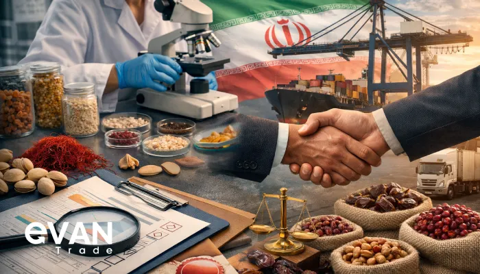 Quality control and supplier due diligence for food imports from Iran, showing lab testing, document review, and export logistics at a port.