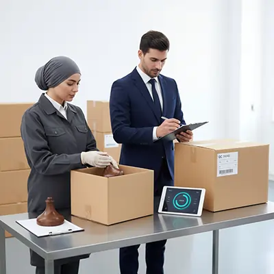 فحص وتعبئة منتجات أوان تجارة للتصدير من إيران وفق مواصفات مقفلة وتكوينات تعبئة جاهزة للشحن للأسواق العربية.