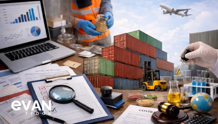 A composite scene of supplier due diligence: desk with charts, inspection checklist and documents, magnifying glass, product sampling, lab quality testing, stacked shipping containers and forklift, and a contract—featuring the Evan Trade logo.